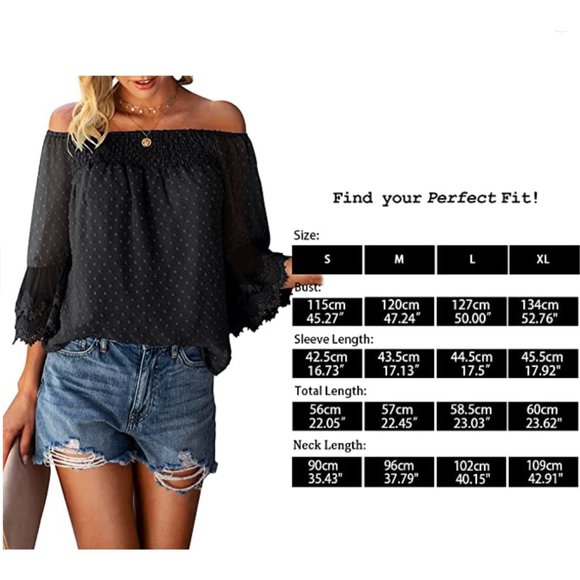 Black Off Shoulder 3/4 Bell Sleeve Ruffle Polka Dot Blouse Top - Picture 5 of 5